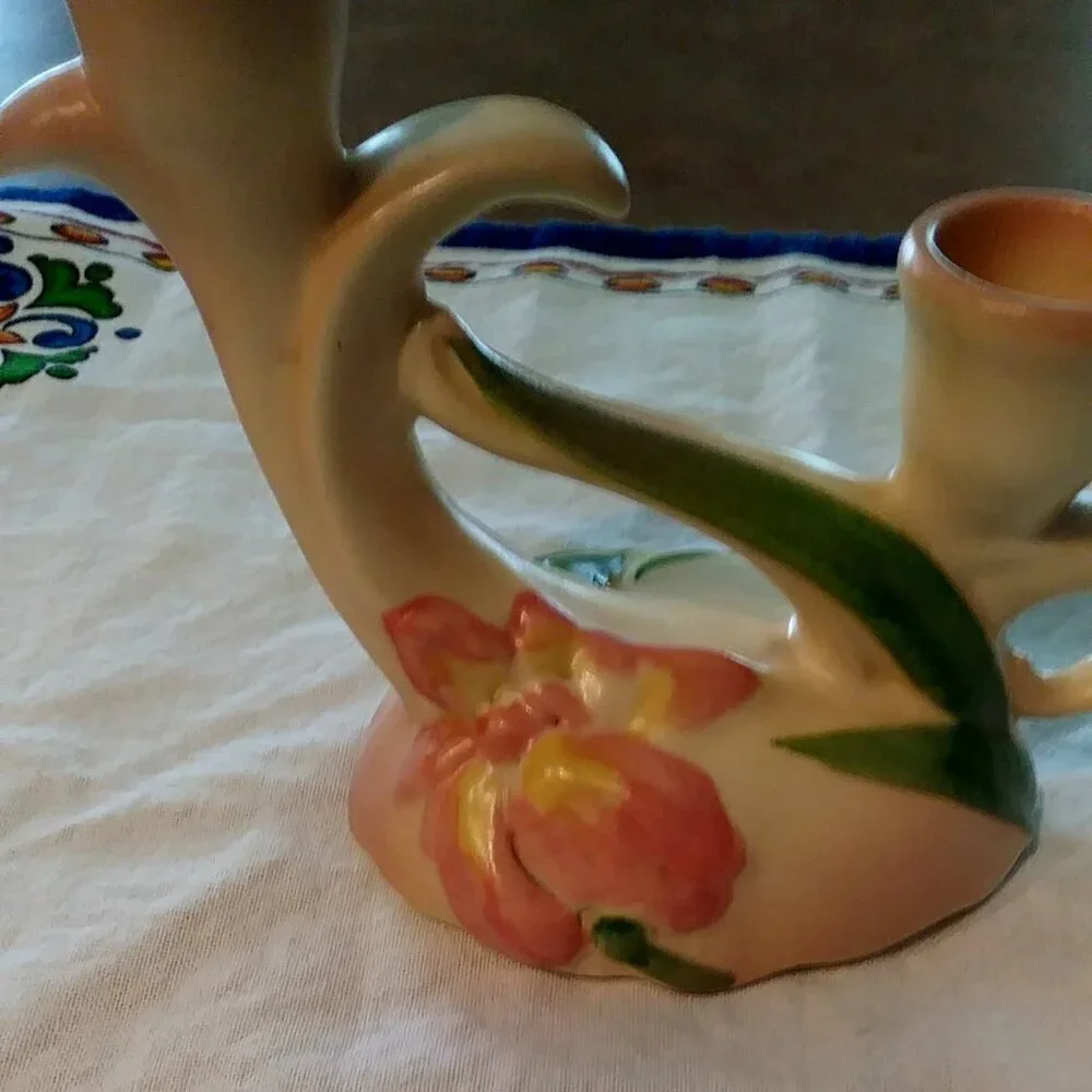Vintage 1930s Camark Pottery Twin Candle Holder – Pink Iris Floral Art Deco US